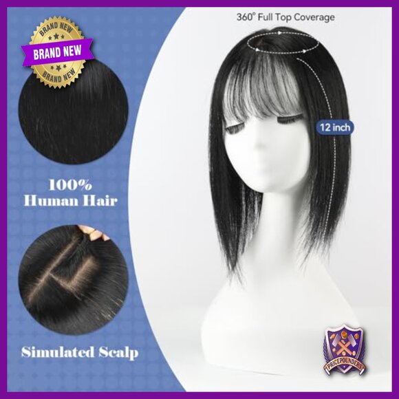 Human Hair Topper with Bangs 12 Inch 3.5x5.5 Inch Base for Thinning Hair